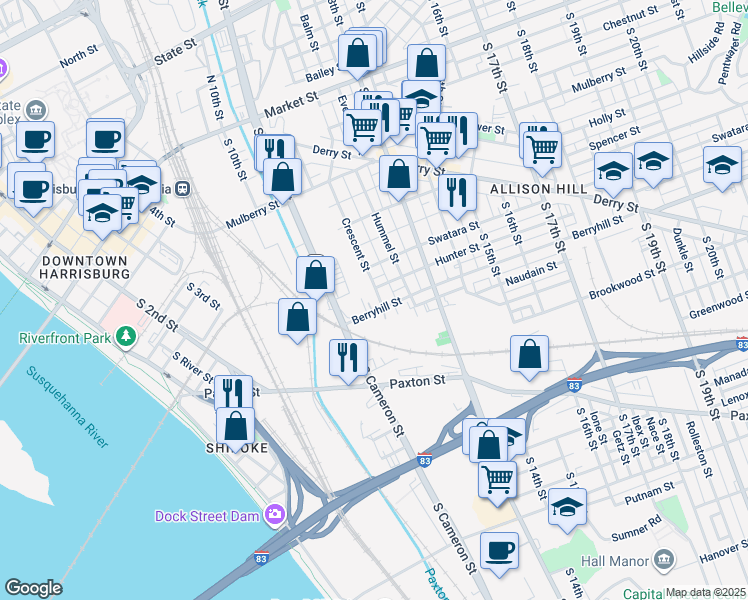 map of restaurants, bars, coffee shops, grocery stores, and more near 454 Crescent Street in Harrisburg