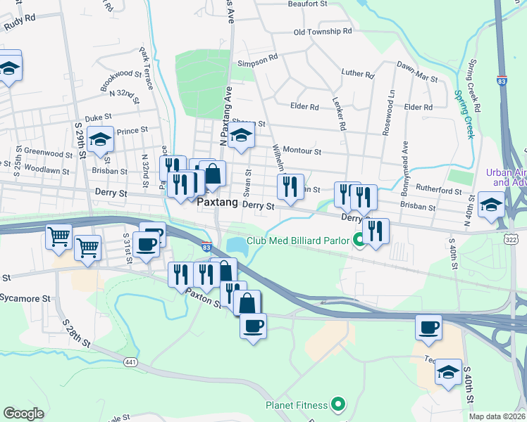 map of restaurants, bars, coffee shops, grocery stores, and more near 3647 Derry Street in Harrisburg