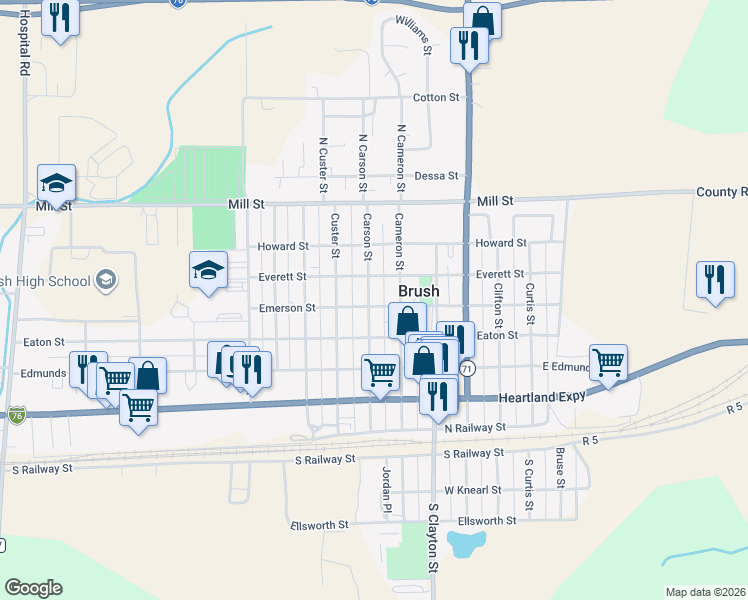 map of restaurants, bars, coffee shops, grocery stores, and more near 505 Carson Street in Brush