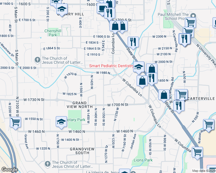 map of restaurants, bars, coffee shops, grocery stores, and more near 1309 West 1870 North in Provo