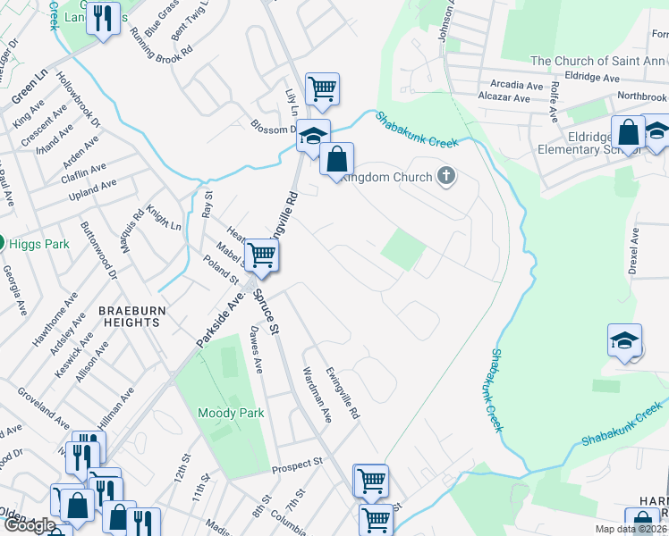 map of restaurants, bars, coffee shops, grocery stores, and more near 30 Sherbrooke Road in Ewing Township