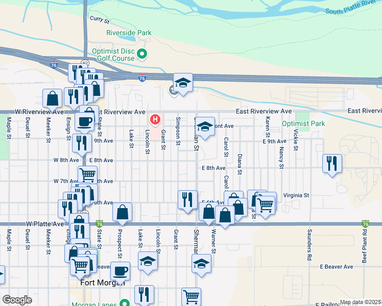 map of restaurants, bars, coffee shops, grocery stores, and more near 722 Old Fort Place in Fort Morgan
