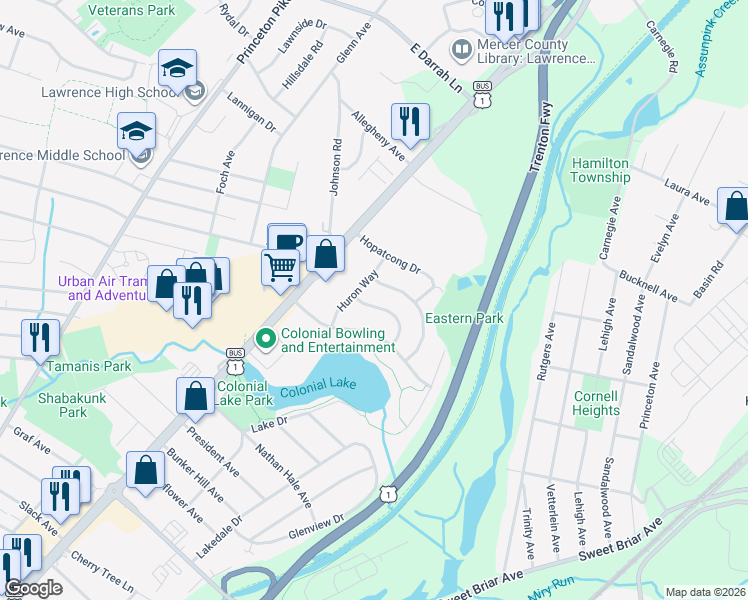 map of restaurants, bars, coffee shops, grocery stores, and more near 6 Winnipeg Lane in Lawrence Township