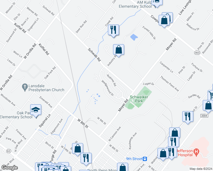 map of restaurants, bars, coffee shops, grocery stores, and more near Wedgewood Drive in Lansdale