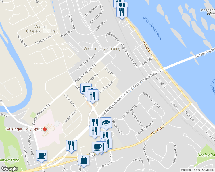 map of restaurants, bars, coffee shops, grocery stores, and more near 45 Richland Lane in Camp Hill