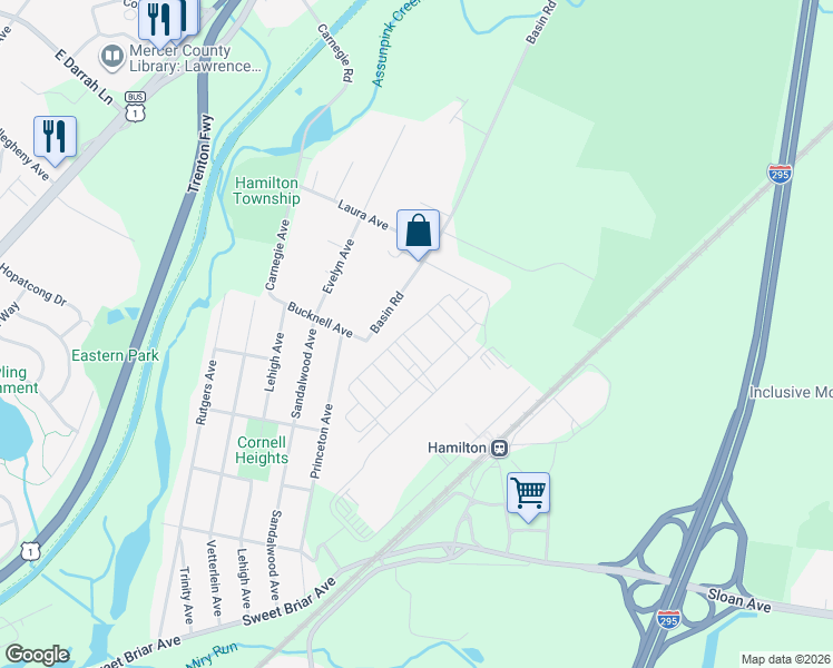 map of restaurants, bars, coffee shops, grocery stores, and more near 32 Adirondack Boulevard in Trenton