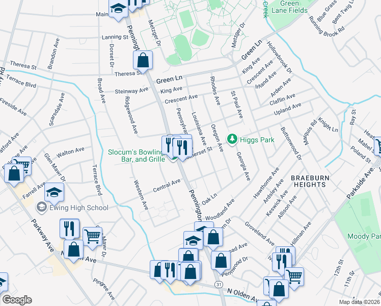 map of restaurants, bars, coffee shops, grocery stores, and more near 91 Pennsylvania Avenue in Ewing Township