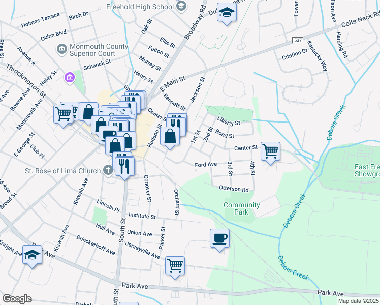 map of restaurants, bars, coffee shops, grocery stores, and more near 12 1st Street in Freehold