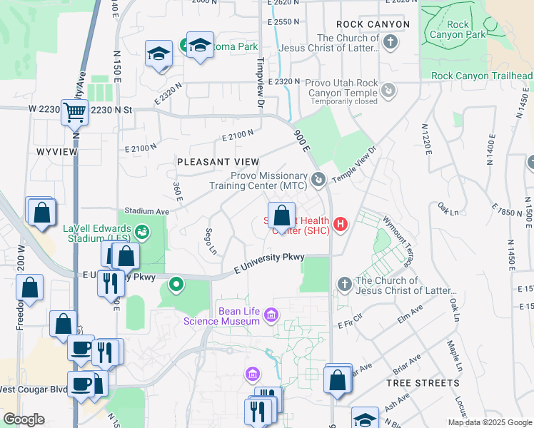 map of restaurants, bars, coffee shops, grocery stores, and more near 1815 North 650 East in Provo
