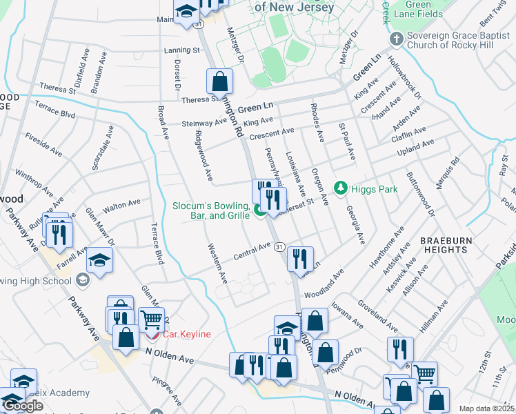 map of restaurants, bars, coffee shops, grocery stores, and more near in Ewing Township