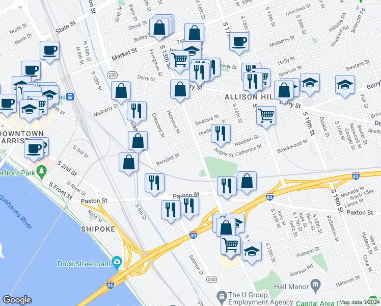 map of restaurants, bars, coffee shops, grocery stores, and more near 1245 Berryhill Street in Harrisburg