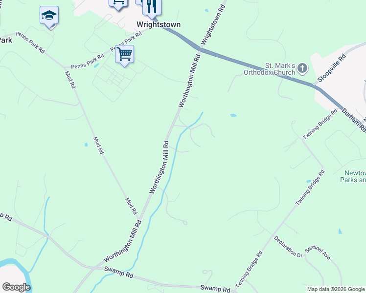 map of restaurants, bars, coffee shops, grocery stores, and more near 992 Worthington Mill Road in Newtown