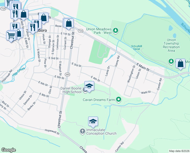 map of restaurants, bars, coffee shops, grocery stores, and more near 944 East 4th Street in Birdsboro