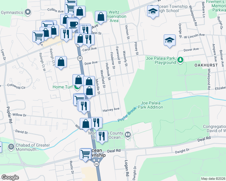 map of restaurants, bars, coffee shops, grocery stores, and more near 1701 Holbrook Street in Monmouth County