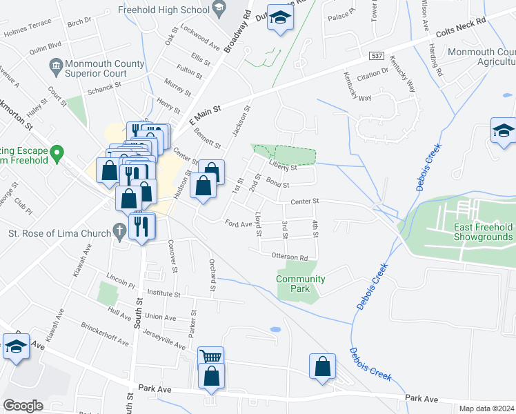 map of restaurants, bars, coffee shops, grocery stores, and more near 17 Factory Street in Freehold Township
