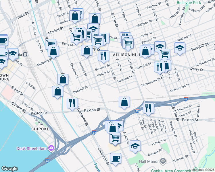 map of restaurants, bars, coffee shops, grocery stores, and more near 10 Argyle Street in Harrisburg