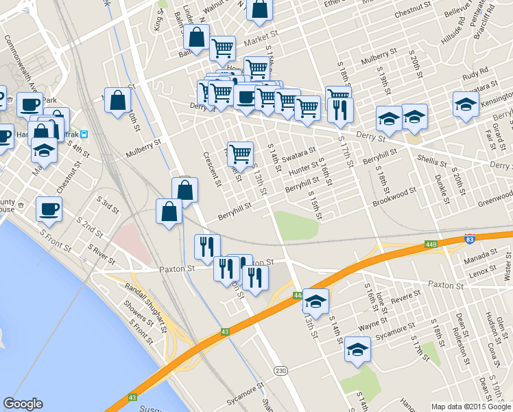 map of restaurants, bars, coffee shops, grocery stores, and more near 1247 Berryhill Street in Harrisburg
