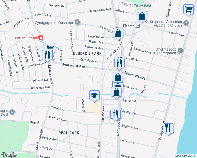map of restaurants, bars, coffee shops, grocery stores, and more near 342 Elberon Boulevard in Monmouth County