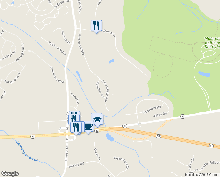 map of restaurants, bars, coffee shops, grocery stores, and more near 73 East Parsonage Way in Englishtown