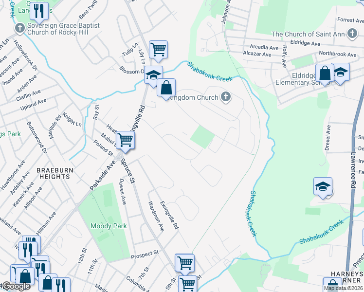 map of restaurants, bars, coffee shops, grocery stores, and more near 18 Kilmer Drive in Trenton