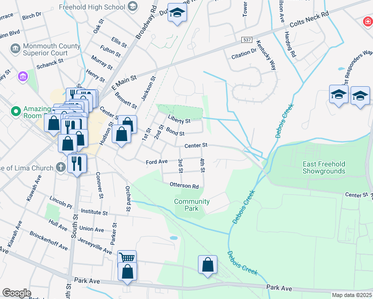 map of restaurants, bars, coffee shops, grocery stores, and more near 120 Center Street in Freehold