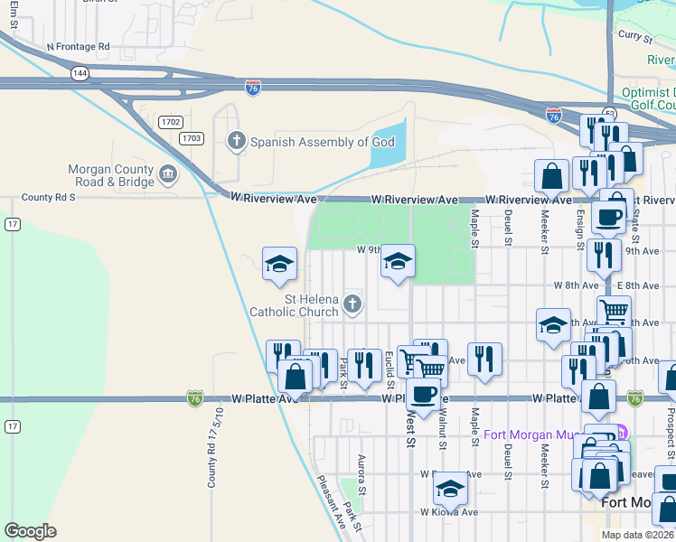 map of restaurants, bars, coffee shops, grocery stores, and more near 910 Lane Street in Fort Morgan