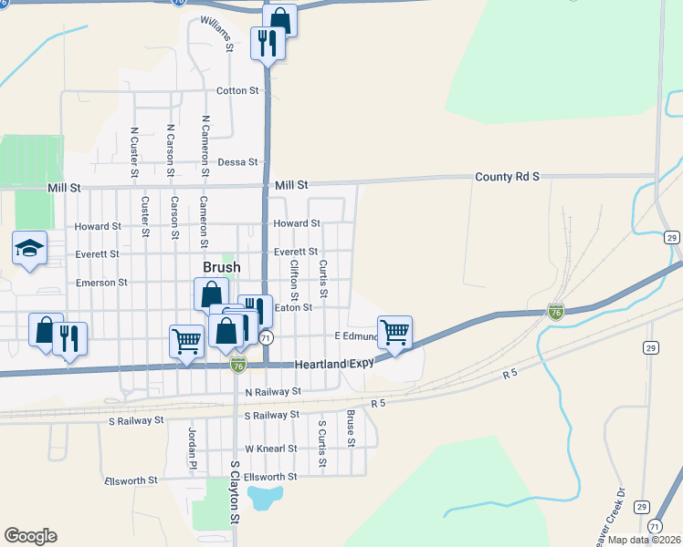map of restaurants, bars, coffee shops, grocery stores, and more near 111 1/2 East Emerson Street in Brush