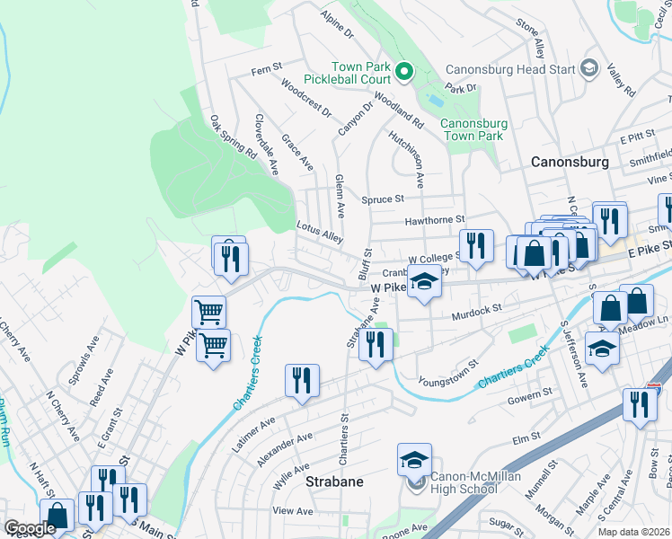 map of restaurants, bars, coffee shops, grocery stores, and more near 125 Oak Spring Road in Canonsburg
