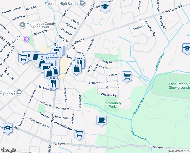 map of restaurants, bars, coffee shops, grocery stores, and more near 13 Factory Street in Freehold