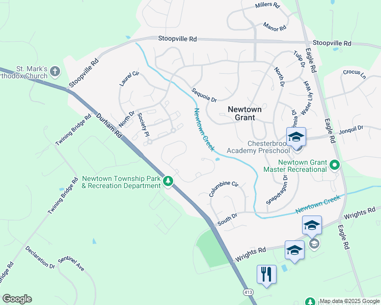 map of restaurants, bars, coffee shops, grocery stores, and more near 93 Rittenhouse Circle in Newtown