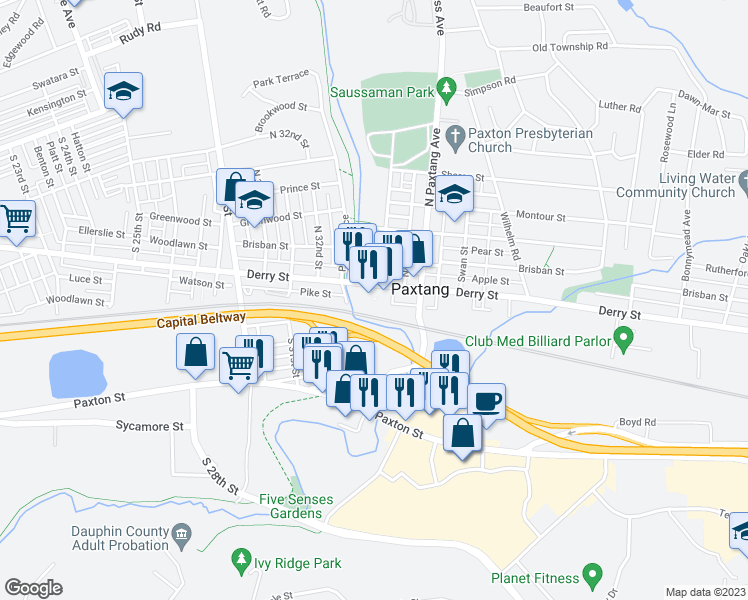 map of restaurants, bars, coffee shops, grocery stores, and more near 3327 Derry Street in Harrisburg