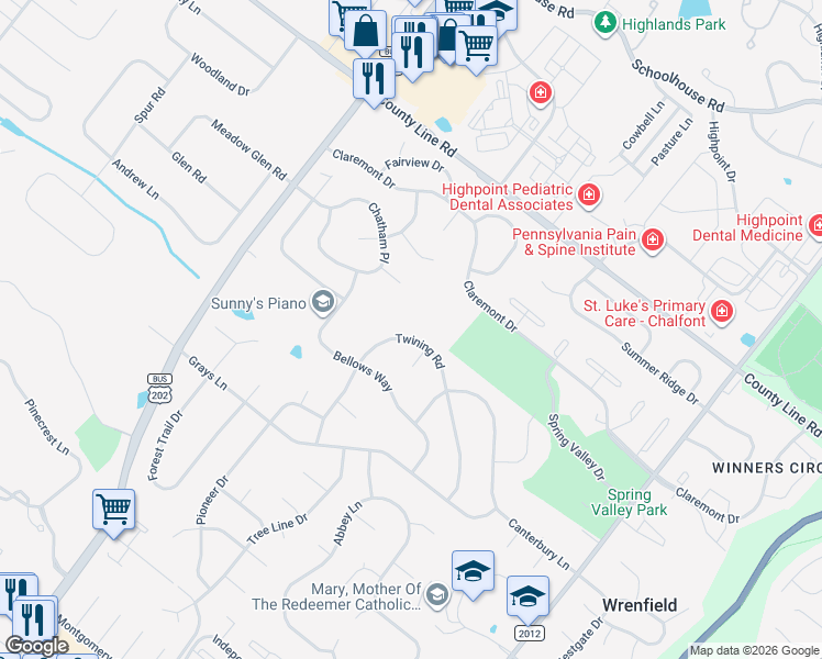 map of restaurants, bars, coffee shops, grocery stores, and more near 221 Twining Road in Lansdale