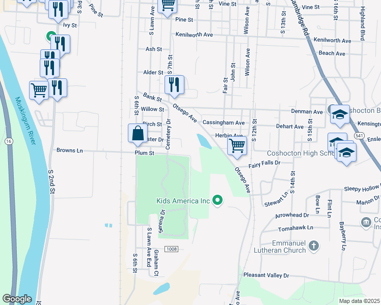 map of restaurants, bars, coffee shops, grocery stores, and more near 27 Plum Street in Coshocton