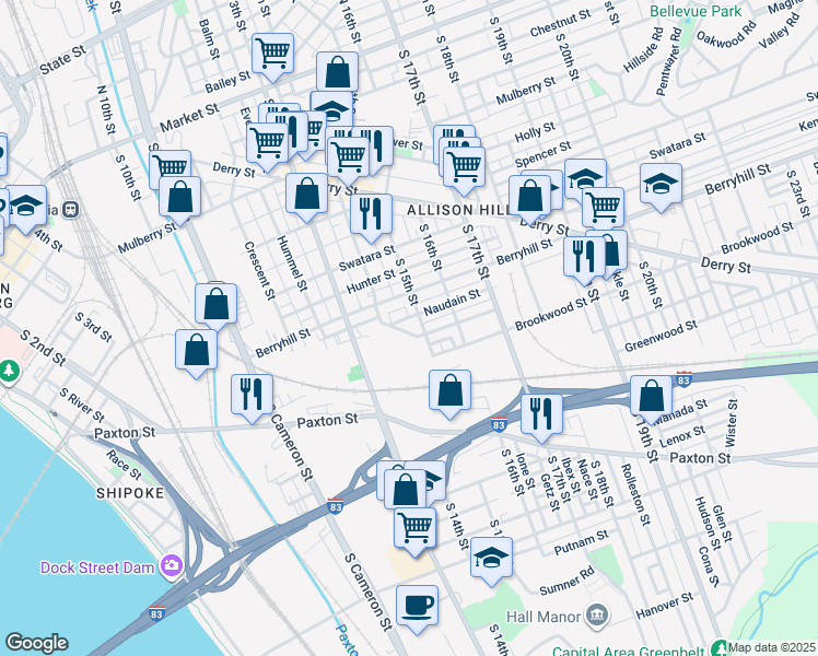 map of restaurants, bars, coffee shops, grocery stores, and more near 39 Argyle Street in Harrisburg