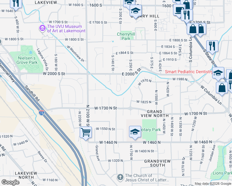 map of restaurants, bars, coffee shops, grocery stores, and more near 1826 North 1950 West Street in Provo