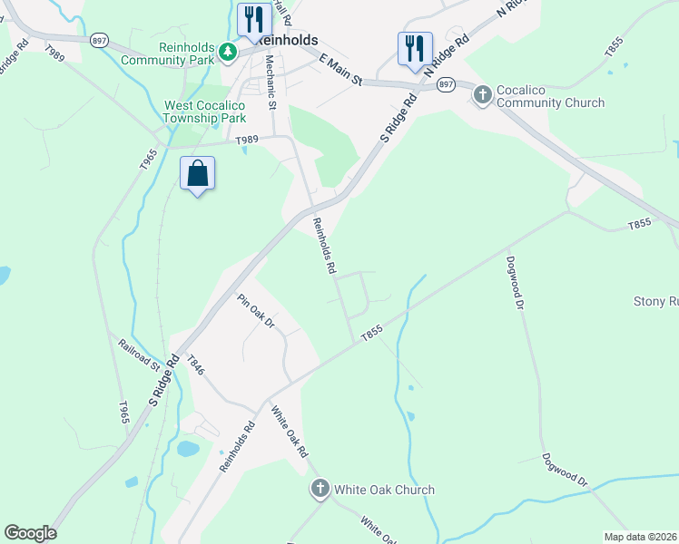 map of restaurants, bars, coffee shops, grocery stores, and more near 76 Reinholds Road in Reinholds
