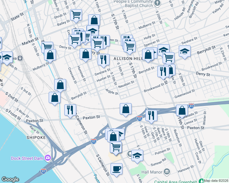 map of restaurants, bars, coffee shops, grocery stores, and more near 38 Argyle Street in Harrisburg