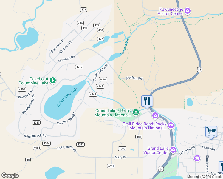 map of restaurants, bars, coffee shops, grocery stores, and more near 217 Alpine Circle in Grand Lake