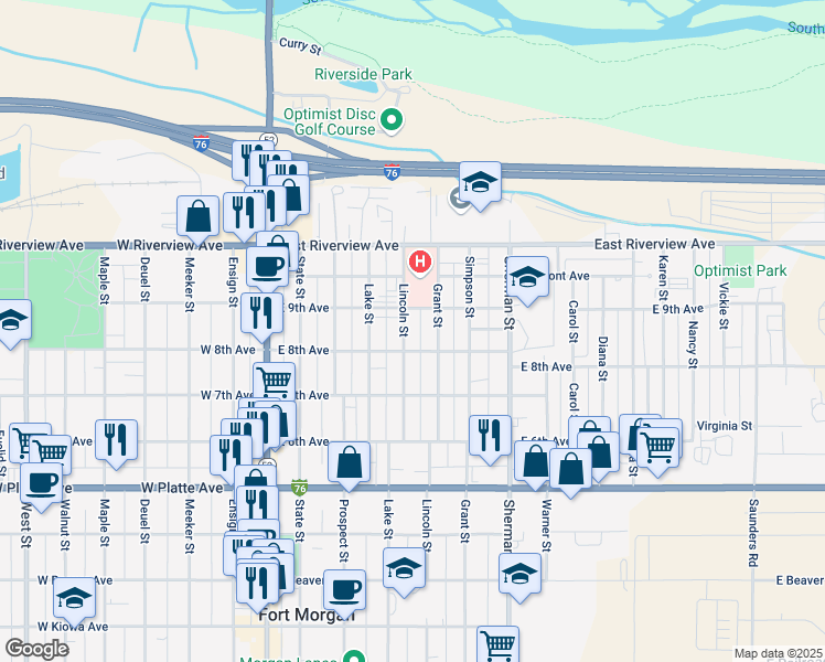 map of restaurants, bars, coffee shops, grocery stores, and more near 912 Lincoln Street in Fort Morgan