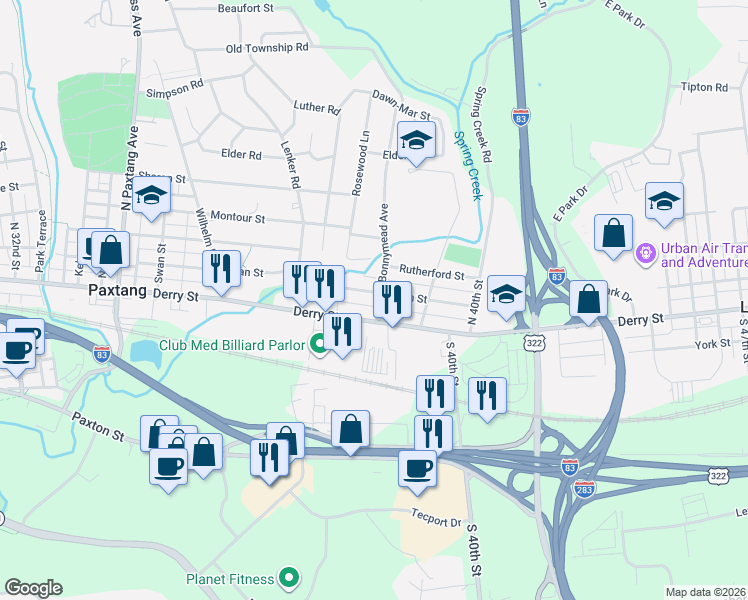map of restaurants, bars, coffee shops, grocery stores, and more near 3841 Brisban Street in Harrisburg