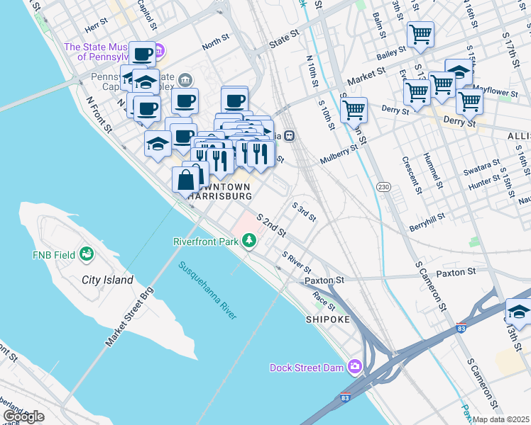 map of restaurants, bars, coffee shops, grocery stores, and more near 157 South 2nd Street in Harrisburg