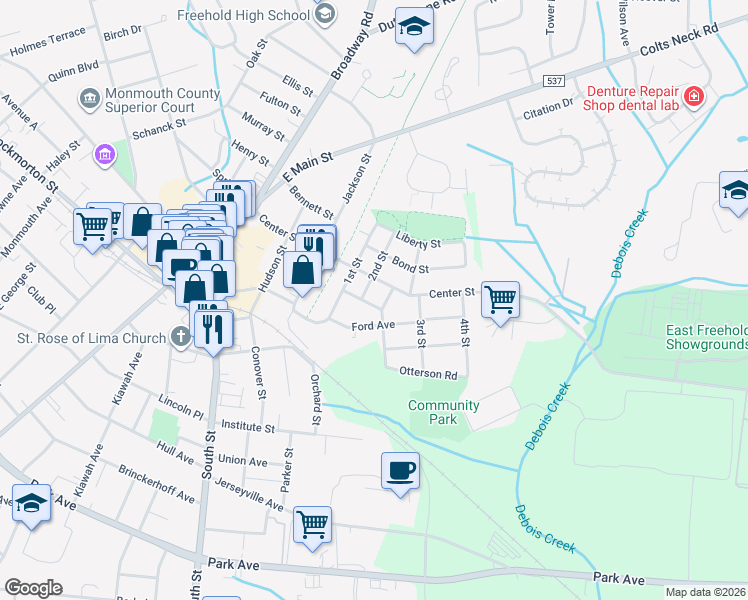 map of restaurants, bars, coffee shops, grocery stores, and more near 17 Factory Street in Freehold