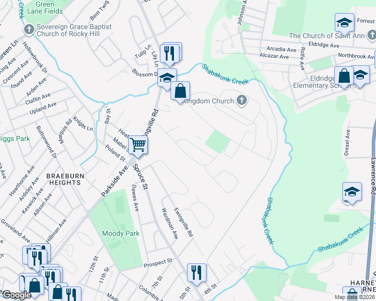 map of restaurants, bars, coffee shops, grocery stores, and more near 18 Kilmer Drive in Trenton
