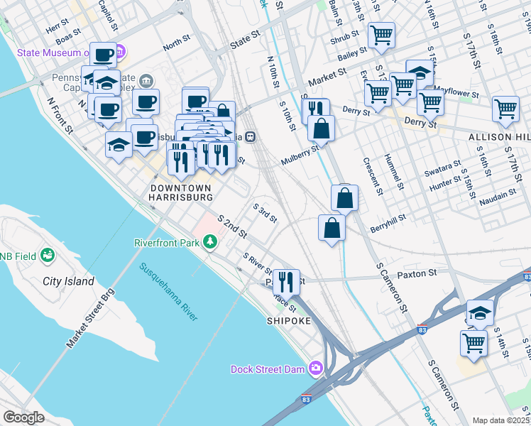 map of restaurants, bars, coffee shops, grocery stores, and more near 325 South 3rd Street in Harrisburg