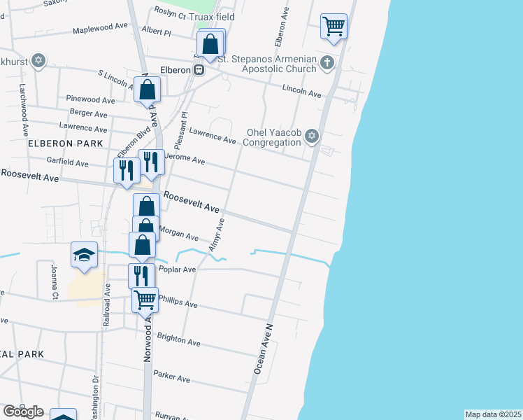 map of restaurants, bars, coffee shops, grocery stores, and more near 55 Roosevelt Avenue in Deal