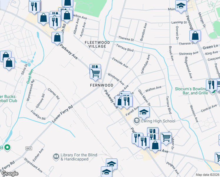 map of restaurants, bars, coffee shops, grocery stores, and more near 3 Stratford Avenue in Ewing Township