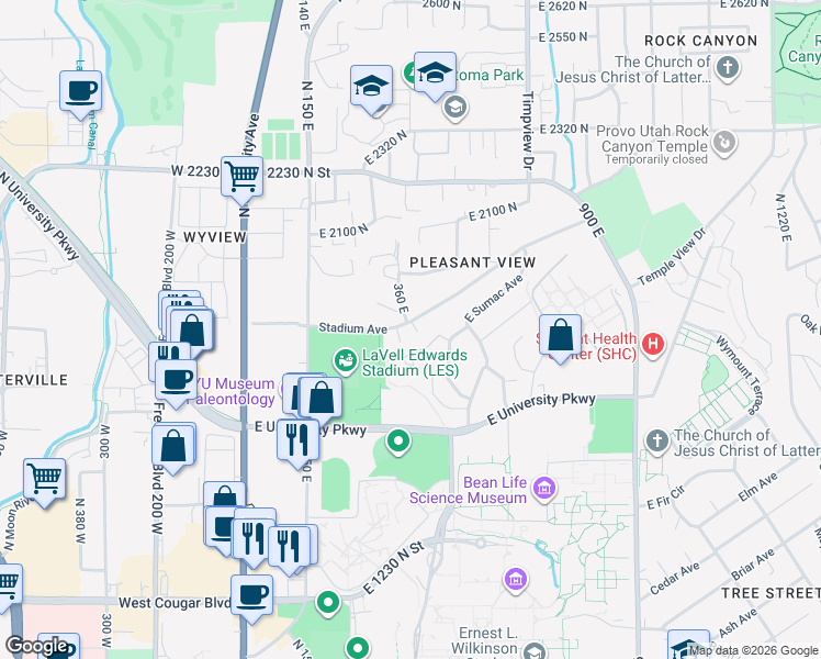 map of restaurants, bars, coffee shops, grocery stores, and more near 332 Stadium Avenue in Provo