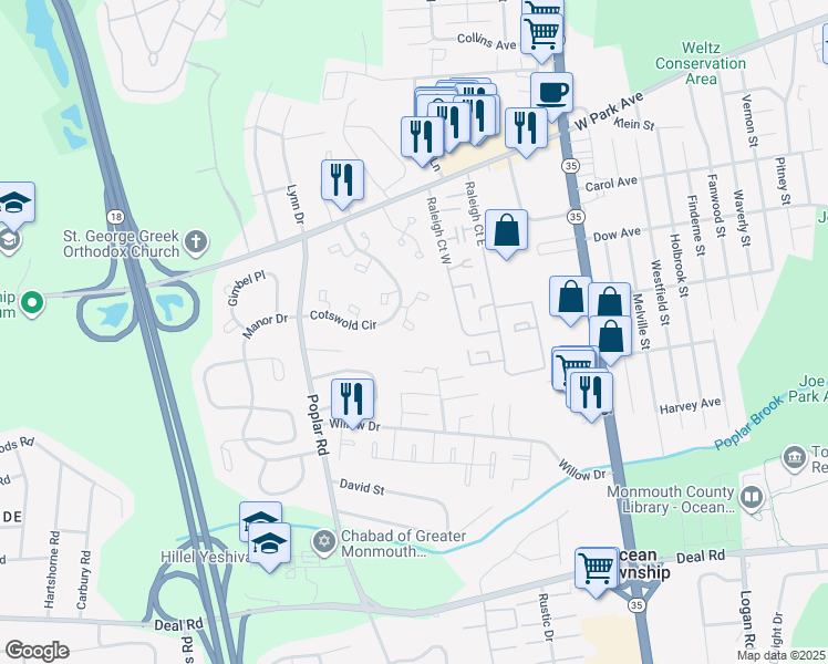 map of restaurants, bars, coffee shops, grocery stores, and more near 40 Cotswold Circle in Monmouth County