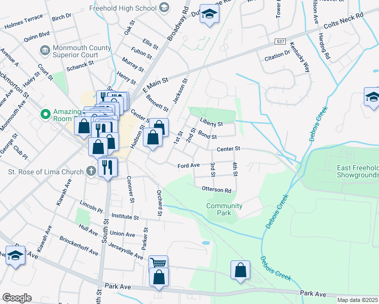 map of restaurants, bars, coffee shops, grocery stores, and more near 17 Factory Street in Freehold