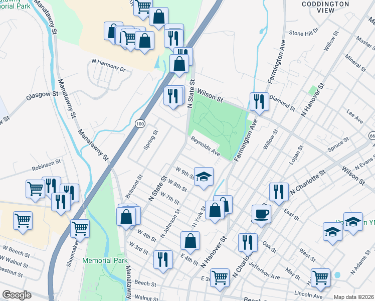 map of restaurants, bars, coffee shops, grocery stores, and more near 47 West 10th Street in Pottstown